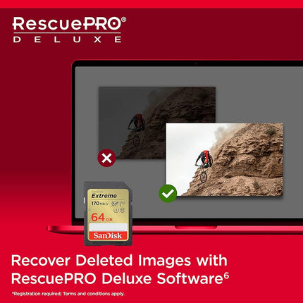 SANDISK Extreme SDXC card 64GB (SD card up to 170 MB/s, V30 Memory card, UHS-I, Class 10, U3, V30, RescuePro Deluxe data recovery software)