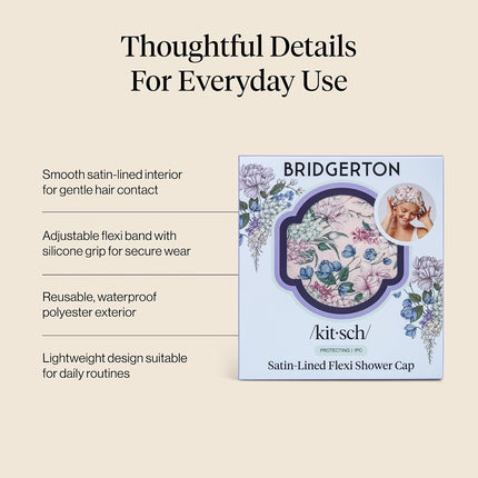 Bridgerton x Kitsch Satin-Lined Flexi Shower Caps for Women Reusable Waterproof - Large Wide Shower Cap for Women & Men, Adjustable, Stylish Hair Cap for Showers, For Long & Short Hair - Wisteria