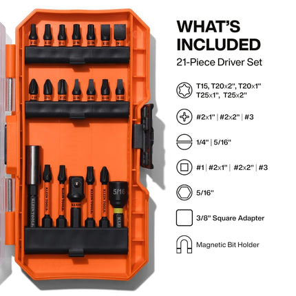 Klein Tools 33801B 21-Piece Impact Driver Bit Set, Impact-Rated Alloy Steel, Precision Machined, MODbox Compatible Storage Case, Professional Tool Kit