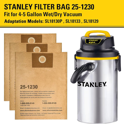 Stanley 25-1230 4-5 Gallon Disposable Filter Bag for Wet/Dry Vacuums, 3-Pack