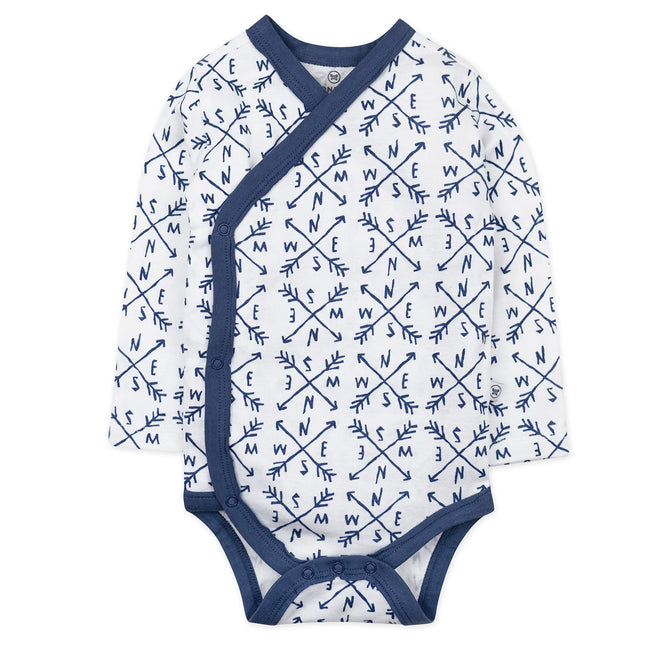 HonestBaby Body Kimono Bébé Unisexe à Manches Longues et Boutons Pression Latéraux, Pack de 3, Coton Biologique pour Bébés Garçons, Filles, Unisexe, Compass Blue, 3-6 Mois