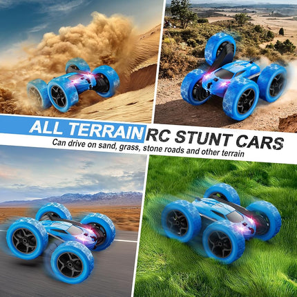 QUNREDA Remote Control Car, RC Cars Toys for Kids Ages 6-12, 4WD Stunt Car with LED Lights & 360° Flips, 2.4GHz, Upgraded USB-C Modular Batteries, 8-10 Year Old Boys Blue