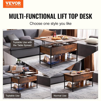 VEVOR Lift Top Coffee Table, 39.4 in Rectangle Coffee Table with Extra Storage Pockets, Flipable Coffee Table with Power Strip & USB & Ambient Lighting for Living Room, Brown