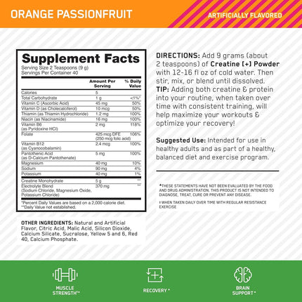 OPTIMUM NUTRITION Creatine+, Orange Passion Fruit, 360g, 3-in-1 Formula, 100% Pure Creatine Monohydrate, 370g Electrolytes, Added Vitamins B, C & D, 40 Serves