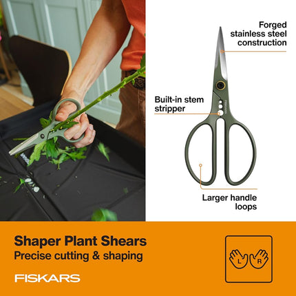 Fiskars Indoor Plant Cutting Set with Storage Precision Garden Tools Caddy, Snips, Shears and Pruner, Set of 3, Green