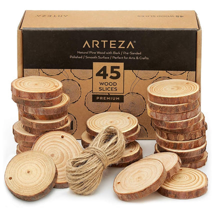 ARTEZA Rondelles de bois naturel, 45 pièces, 6,1-7,1 cm de diamètre, 1 cm d'épaisseur, disques ronds en bois de pin avec écorce pour l'artisanat, les décorations de Noël, les centres de table et la peinture, marron, petit