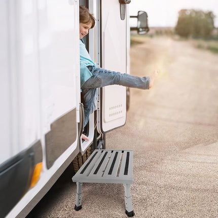 DEPSUNNY Adjustable Height Aluminum RV Step, Stable Foldable Platform Step Stool, Supports Up to 1,000 lb, Non-Slip Rubber Feet and Platform Mat, Easy to Carry (Silver)