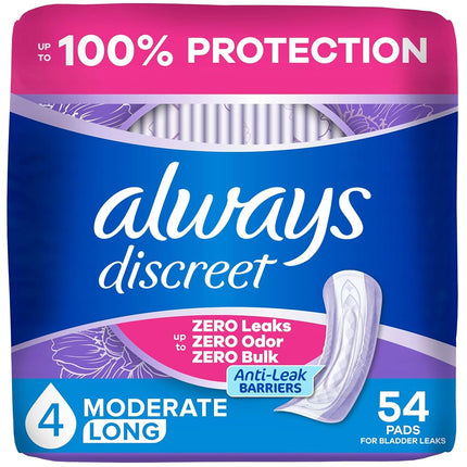 Always Discreet, Incontinence & Postpartum Pads for Women, Size 4, Moderate Absorbency, Long Length, 54 Count