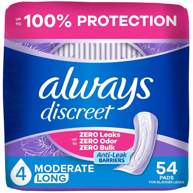 Always Discreet, Incontinence & Postpartum Pads for Women, Size 4, Moderate Absorbency, Long Length, 54 Count