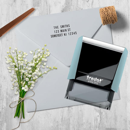 Trodat Printy 4912 Stamp Set in Pastel Blue to Set Yourself – 4 Lines of Text, Imprint 47 x 18 mm, German, Includes Tweezers, Ink Pad Black & Letter and Number Set in Two Sizes