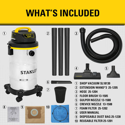Stanley Wet/Dry Hanging Vacuum, 4.5 Gallon, 4 Horsepower, Stainless Steel Tank