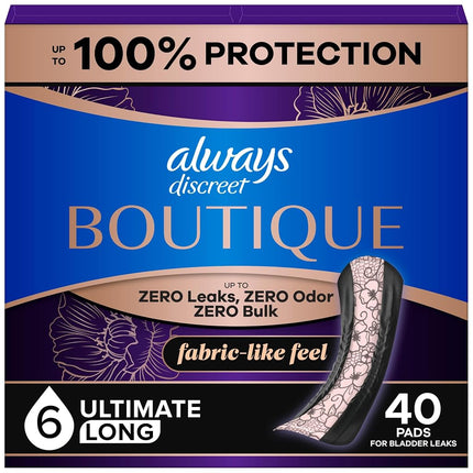 Always Discreet Boutique, Incontinence & Postpartum Pads for Women, Size 6, Extra Heavy Absorbency, Long Length, 20 Count x 2 Pack (40 Count Total)