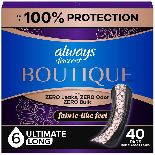 Always Discreet Boutique, Incontinence & Postpartum Pads for Women, Size 6, Extra Heavy Absorbency, Long Length, 20 Count x 2 Pack (40 Count Total)