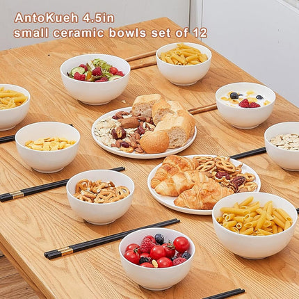 AntoKueh White 4.56in Small Ceramic Bowls 12 OZ, Cereal Bowls Set of 12 for Dessert, Rice, Family dressfamily Gatherings, Hosting Dinner Parties