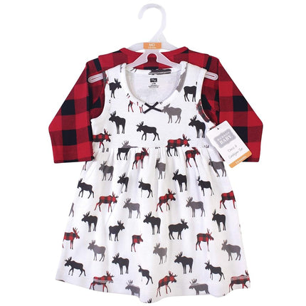 Hudson Baby Baby Girls' Cotton Dress and Cardigan Set, Buffalo Plaid Moose, 12-18 Months