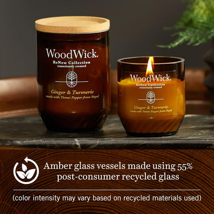 WoodWick® Renew Medium Candle, Ginger & Turmeric Scented Candles, 6oz, Plant Based Soy Wax Blend, Made with Upcycled Materials and Essential Oils, Up to 55 Hours of Burn Time