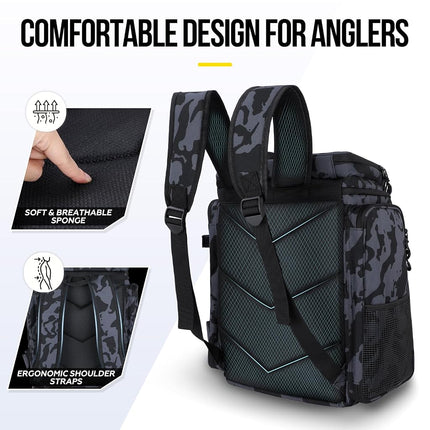 PLUSINNO Fishing Backpack with Rod Holders, 42L Large Water-resistant Fishing Tackle Bag for Fishing, Camping, Hiking, Gifts for Men, Black Camo