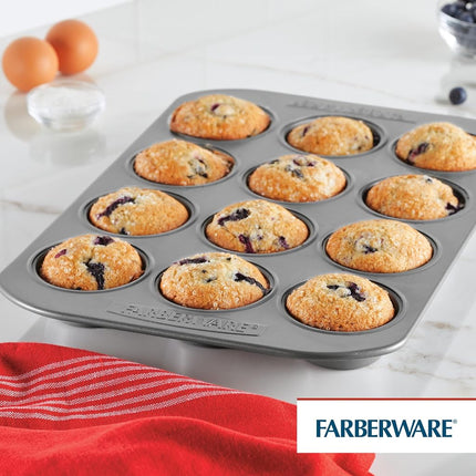Farberware Nonstick Bakeware 12-Cup Muffin and Cu-Pieceake Pan, Gray