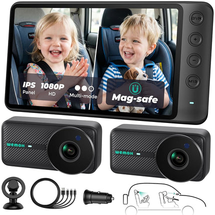 WEMOH Magnetic Dual Baby Car Camera for Two Kids, 