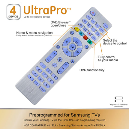 Control remoto universal GE de 4 dispositivos - Botones retroiluminados, reemplazo para Samsung, LG, Vizio, Sony, Roku y Apple TV, plateado, 48844