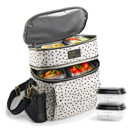 Fit & Fresh Westminster Insulated Lunch Bag Double Compartment for Women, Full Set with 2 Containers, Double Compartment Cooler Bag with Adjustable Strap, Black and White Dots