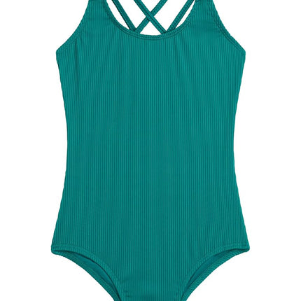 Kanu Surf Girls' Reese UPF 50 Beach Sport Criss-Cross One Piece Swimsuit, Rib Solid Green, 6