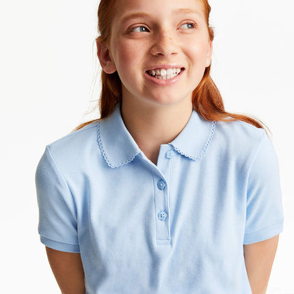 Polo interlock French Toast à manches courtes pour fille avec col festonné, bleu clair, 3T
