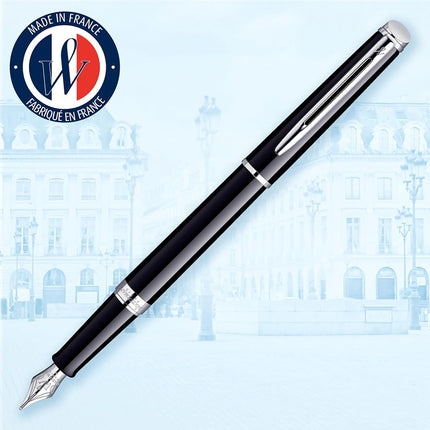 WATERMAN S0920530 Hémisphère Fountain Pen, Gloss Black with Chrome Trim, Medium Nib with Black Ink Cartridge, Gift Box
