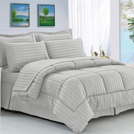 Elegant Comfort Silky Soft 8-Piece Dobby Stripe Bed-in-a-Bag Comforter Set, includes 4pc Smart Sheet Set, Bed Skirt, Comforter, Matching Pillowcases and Shams - Twin/Twin XL, Silver
