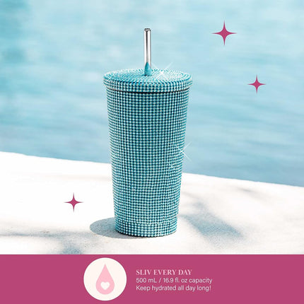 Paris Hilton Diamond Bling Water Tumbler with Lid and Straw, Vacuum Insulated Stainless Steel, Bedazzled with Over 3700 Rhinestones, 16.9-Ounce, Blue