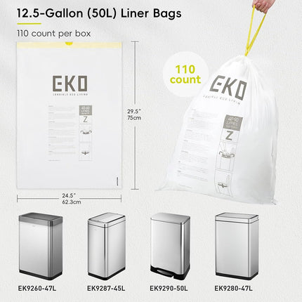 EKO 12.5 Gallon / 40-60 Liter, 110 Count Drawstring Trash Bags, Extra-Strong Garbage Bags, Unscented, Leak-Resistant, Easy-Dispense Roll for Kitchen & Household Use, Code Z, White