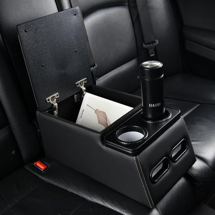 Coverado Car Center Console, Consolas universales para asientos traseros, Organizador y almacenamiento de asientos de camión, Organizador de coche para asientos traseros con portavasos, Caja de reposabrazos central (Regular, Negro)