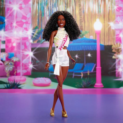 Barbie The Movie President Collectible Doll, Issa Rae as President Wearing Shimmery White Blouse & Short Set, With Dark Curly Hair & President Sash, JBJ55