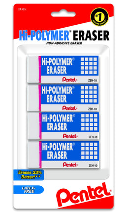 Pentel� Hi-Polymer Erasers, White, Pack of 4