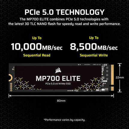 Corsair MP700 ELITE 4TB PCIe 5.0 NVMe M.2 SSD – Up to 9,400 MB/s Read, 8,100 MB/s Write, Gen5 Speed for PC & Laptop – Black