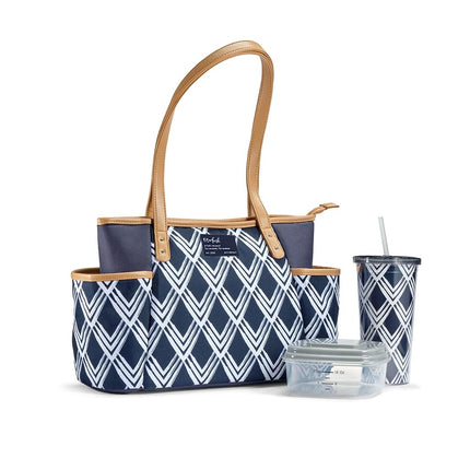 Bolsa de almuerzo aislada Navarto de Fit & Fresh para adultos con bolsillos laterales y asas de transporte, kit completo de almuerzo que incluye vaso a juego y recipiente de comida reutilizable, azul marino