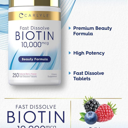 Carlyle Biotin 10000mcg | 250 Fast Dissolve Tablets | Max Strength