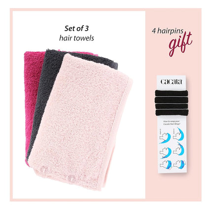 Cacala Terry Hair Towel Wrap - Luxurious Super Absorbent Hair Towel Wrap for Wet Hair, Non-Frizz Hair Turban with Holding Loop and Buttons, Cotton Hair Wrap with Accessories | 3 Pieces
