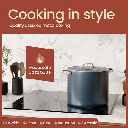 Olla para caldo de aluminio azul de 12.5 cuartos con tapa, olla antiadherente con revestimiento cerámico, sin PTFE ni PFAS, apta para horno hasta 500°F, asas remachadas de acero inoxidable, tapa de vidrio templado, compatible con todas las estufas