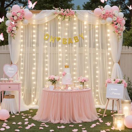 Ivory Sheer Backdrop Curtains with Lights String for Parites Wedding 10×8ft Tulle Backdrop Curtains for Baby Shower Birthday Party Bridal Shower Christmas Photo Shoot Background Decorations