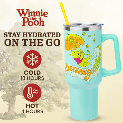 Silver Buffalo Disney Winnie the Pooh "Dreamy Days" Retro Art Stainless Steel Cup with Handle and Straw, Fits Standard Cup Holder, 1.2 l