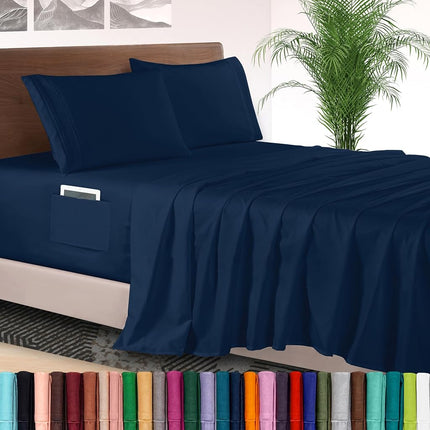 Elegant Comfort 4-Piece Bed Sheet Set - Luxury Bedding 1500 Premium Hotel Quality Microfiber, All Around Elastic 18-24 Inches Deep Fitted Sheet- Extra Deep Pocket Sheets, King, Navy Blue