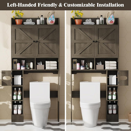 Vipbear Freestanding Wooden Over The Toilet Storage Cabinet with 2 Barn Doors, Toilet Paper Holder, Anti-Tip Device & Adjustable Shelf, Ideal for Bathroom, Restroom & Laundry
