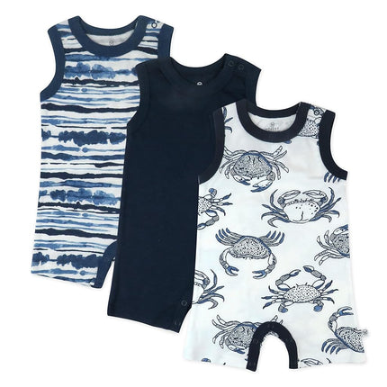 HonestBaby Lotes Múltiples de Peleles Cortos y Vestidos 100% Algodón Orgánico para Bebés, Niños Pequeños, Niñas, Unisex, Rayas Índigo, 0-3 Meses