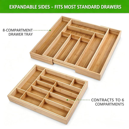 KITCHENTREND Organizador expandible de bambú para cubiertos, organizador de cubiertos ajustable para cajones de cocina, organizador de utensilios para la organización de la cocina (6-8 ranuras)