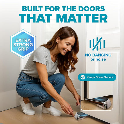 Strongest Home Door Stopper, Set of 10 Heavy Duty Door Stop Wedge Made of Premium Quality Zinc and Rubber Suits Any Door, Any Floor - Plus 10 Self Adhesive Wall Protectors (Black Silver)