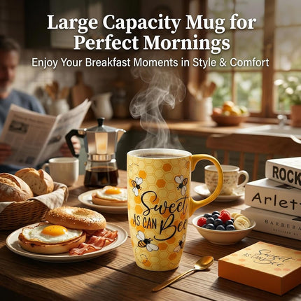 Topadorn Bumble Bee Ceramic Travel Mug with Lid, 17oz Coffee Mug with Handle, Microwave & Dishwasher Safe, Gift Box Included, Nature Lover Gift