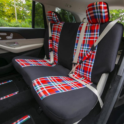 FH Group Car Seat Covers Full Set Plaid Print Cloth - Universal Fit Automotive Seat Covers, Low Back Front Seat Covers, Solid Back Seat Cover, Washable Car Seat Cover for SUV, Sedan, Van Red