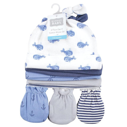 Gorro y mitones antiarañazos de algodón Hudson Baby para bebé unisex, ballena azul, 0-6 meses