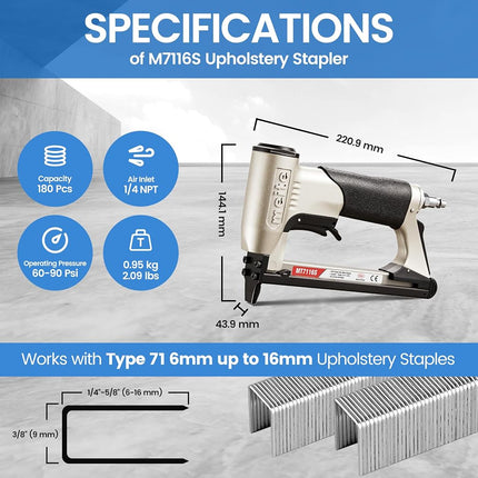 meite MT7116S Upholstery Stapler - 22 Gauge 71 Series 3/8" Crown or C-Crown Fine Wire Stapler with Safety (1/4" to 5/8" #MT7116S)